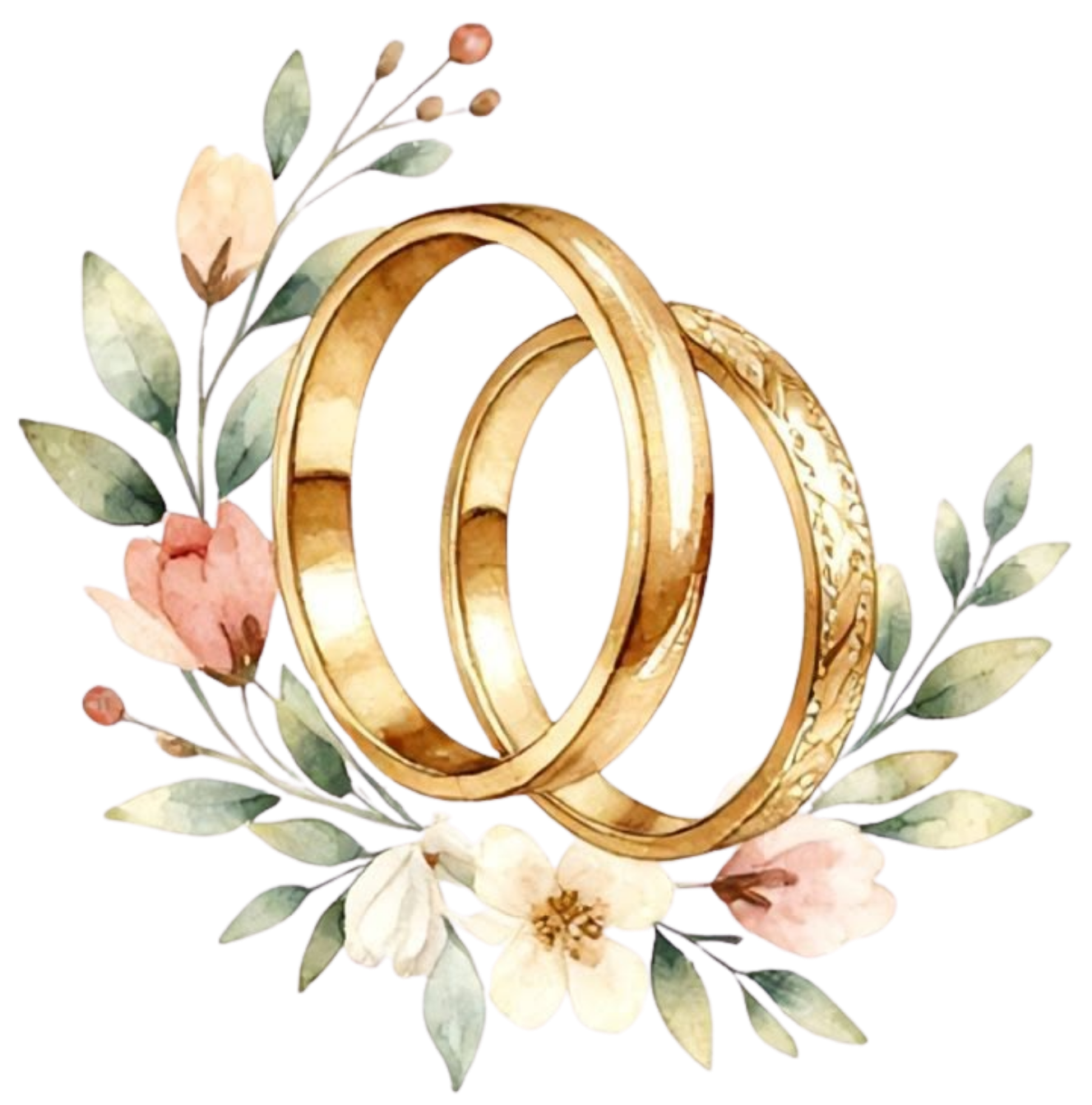 Alliances dorées entourées de fleurs aquarelle